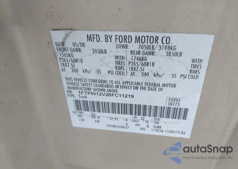 2008 Ford F-150 60Th Anniversary/Fx2/King Ranch/Lariat/Xlt из США, поврежденный, VIN 1FTPW12V28FC11219